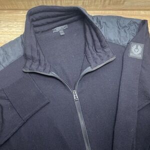 Belstaff England Mens XXL Black 100% Wool Quilted Yokes Zip Cardigan Italy EUC